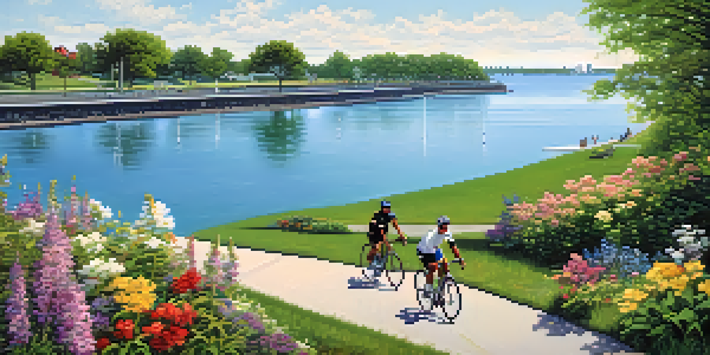 Cyclists enjoying a sunny day along the bike path at Buffalo's Outer Harbor with blooming flowers and Lake Erie in the background.