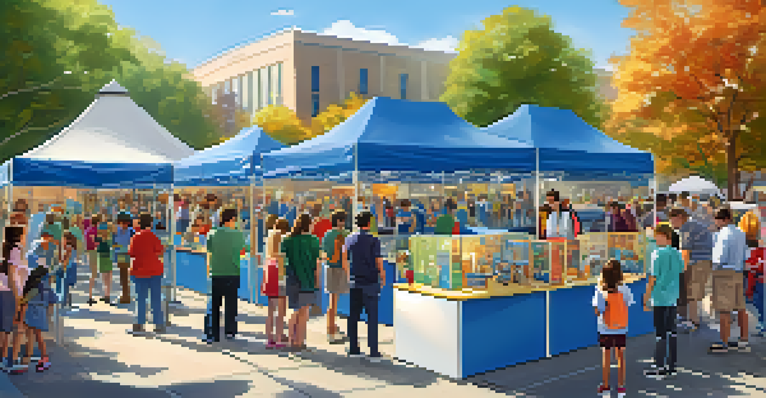 Students at an outdoor science fair presenting their STEM projects to families and community members, with colorful booths and a sunny sky.