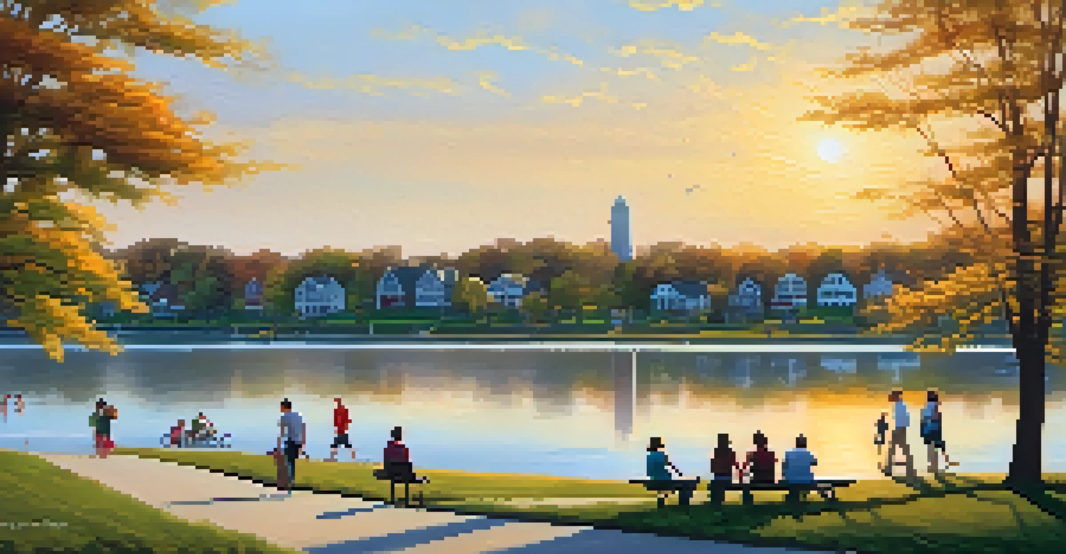 A beautiful sunset at LaSalle Park with families enjoying picnics and children playing near the water.
