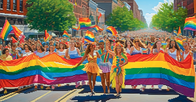 A colorful and lively Pride Parade in Buffalo with people in vibrant costumes and floats, celebrating diversity and love.