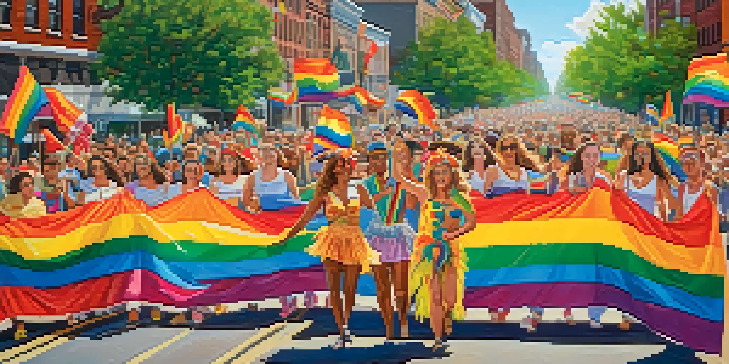 A colorful and lively Pride Parade in Buffalo with people in vibrant costumes and floats, celebrating diversity and love.