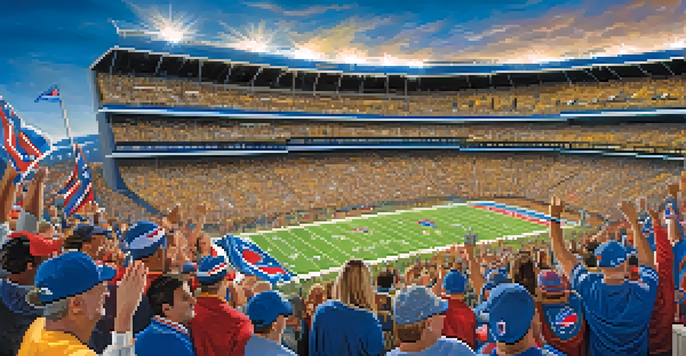 A lively crowd of Buffalo Bills fans at Highmark Stadium, celebrating with flags and cheers under a bright sky.