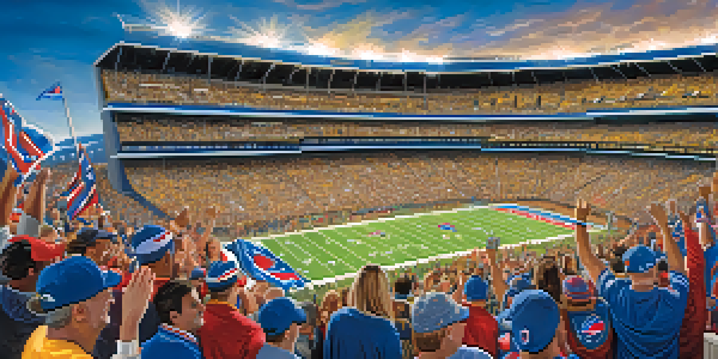 A lively crowd of Buffalo Bills fans at Highmark Stadium, celebrating with flags and cheers under a bright sky.