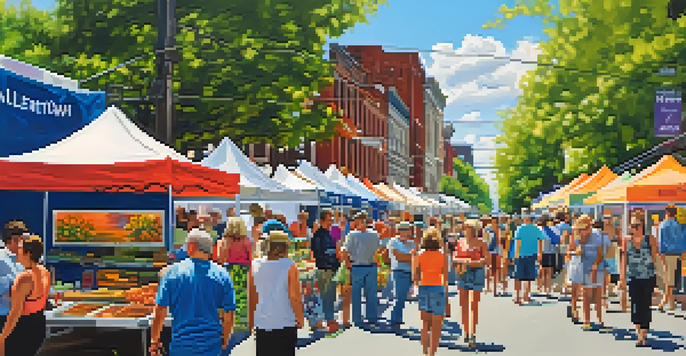 A lively street filled with colorful art displays and people enjoying the Allentown Art Festival in Buffalo.
