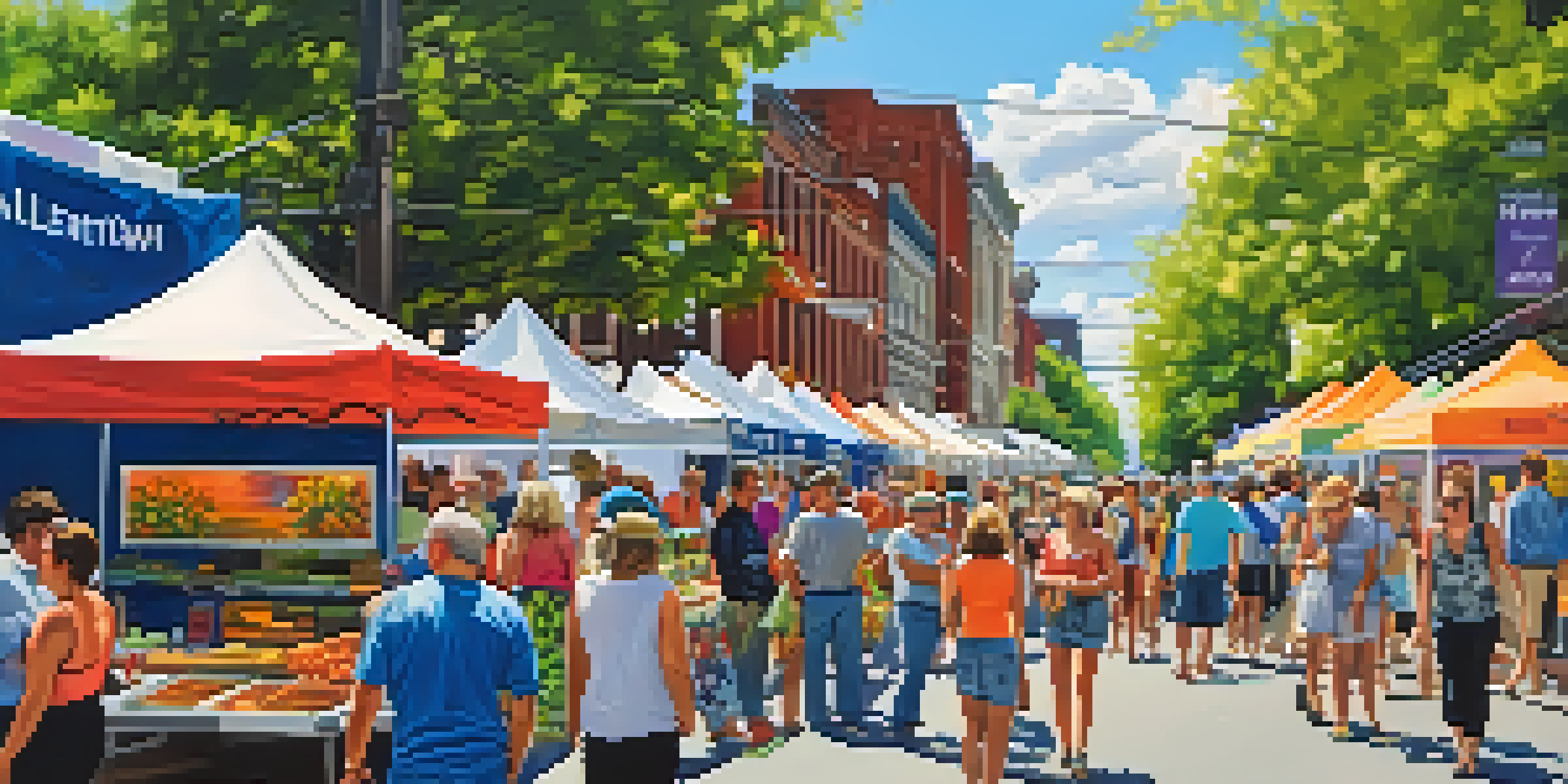 A lively street filled with colorful art displays and people enjoying the Allentown Art Festival in Buffalo.
