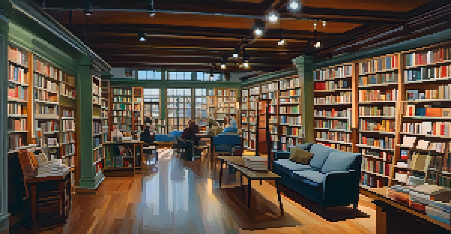 A cozy bookstore in Buffalo with shelves of books and a reading nook, where people browse and chat among warm lighting.