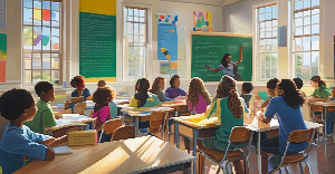 A diverse group of students collaborating in a colorful classroom with sunlight coming through the windows.