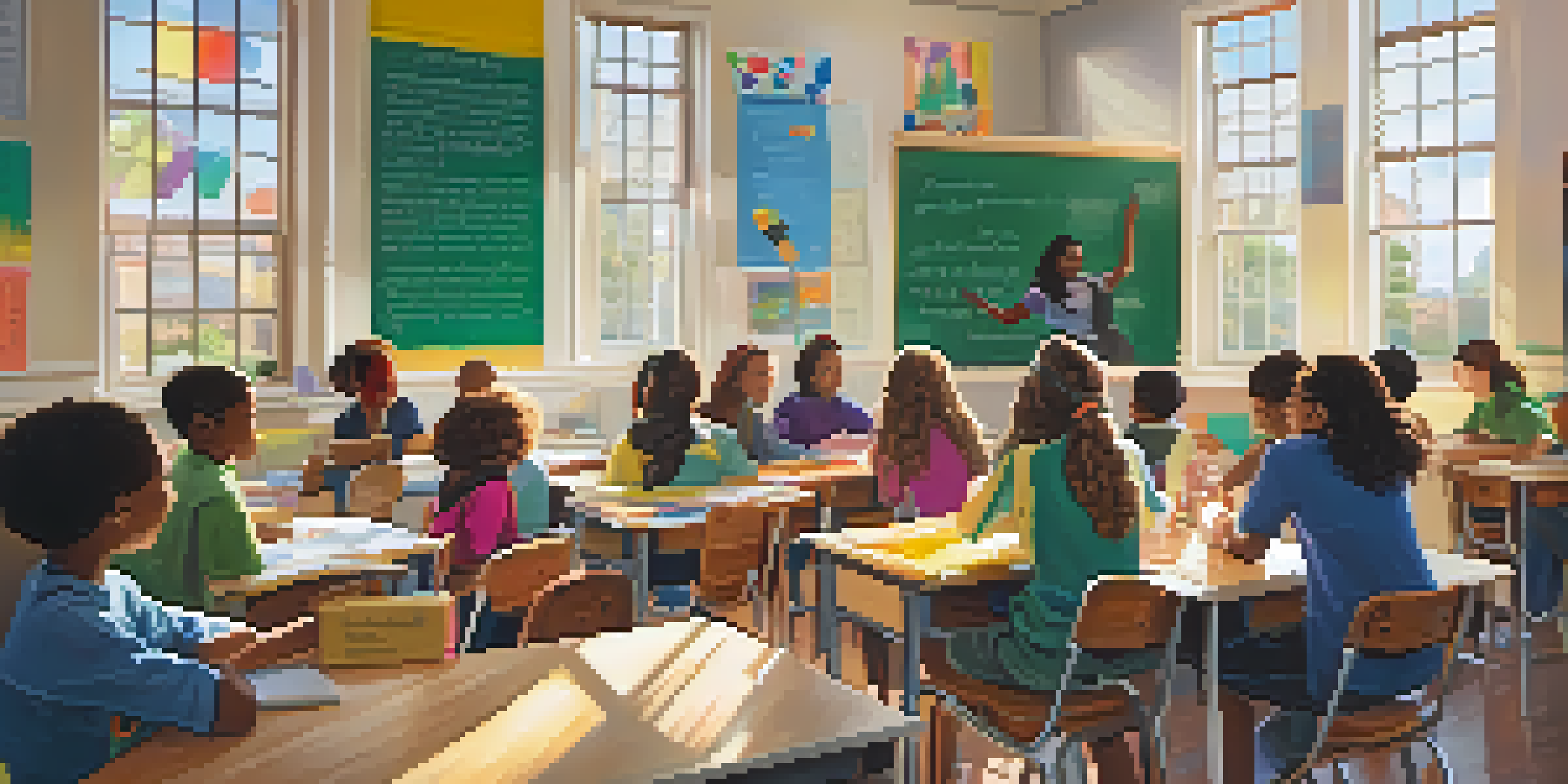 A diverse group of students collaborating in a colorful classroom with sunlight coming through the windows.