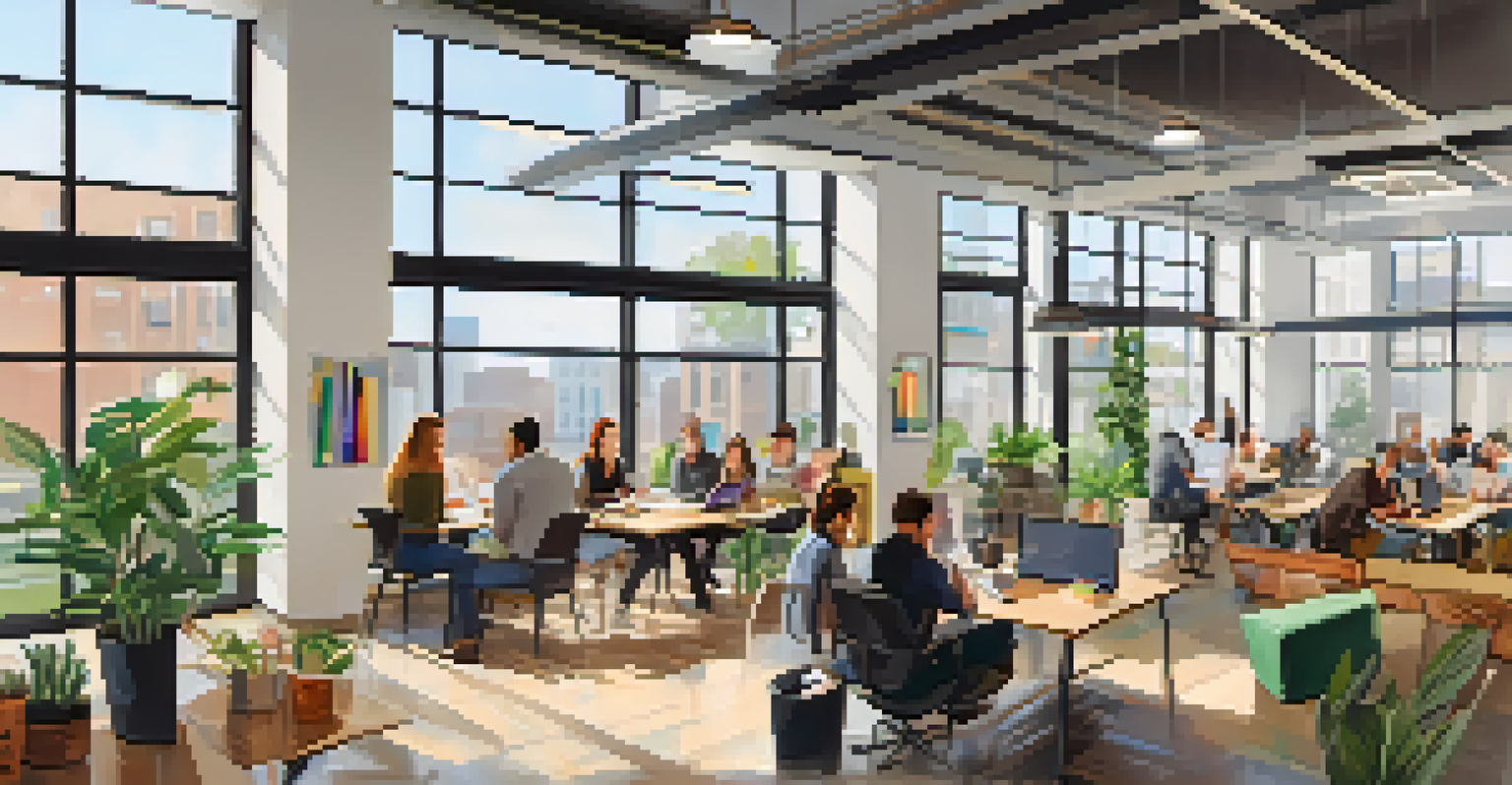 A lively co-working space in Buffalo with entrepreneurs collaborating on tech projects.