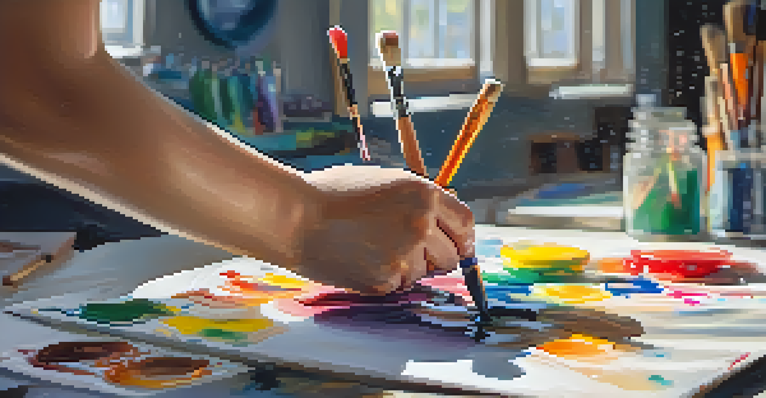 A young artist's hands painting on a canvas, surrounded by paint tubes and brushes in a bright art studio.