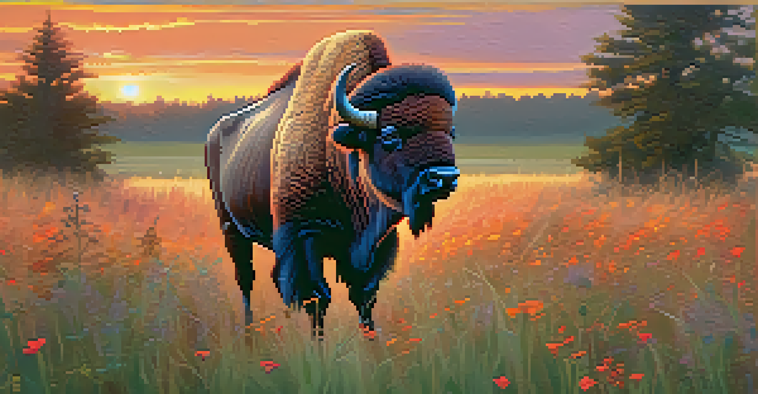 A majestic buffalo in a field of wildflowers at sunrise, showcasing rich textures and vibrant colors.