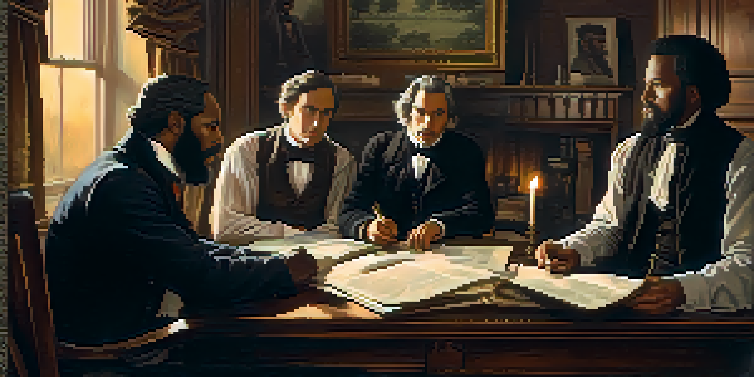A group of 19th-century abolitionists in a dimly lit room discussing the Underground Railroad with maps and documents.