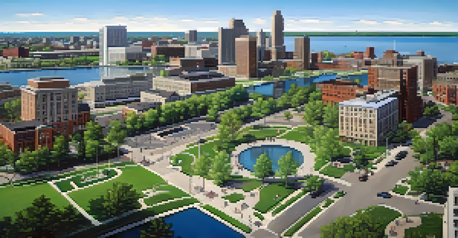 An aerial view of Buffalo's waterfront with families in a park and modern residential buildings.