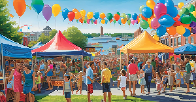 Families enjoying the Buffalo Waterfront Festival with children at art stations and a stage in the background.