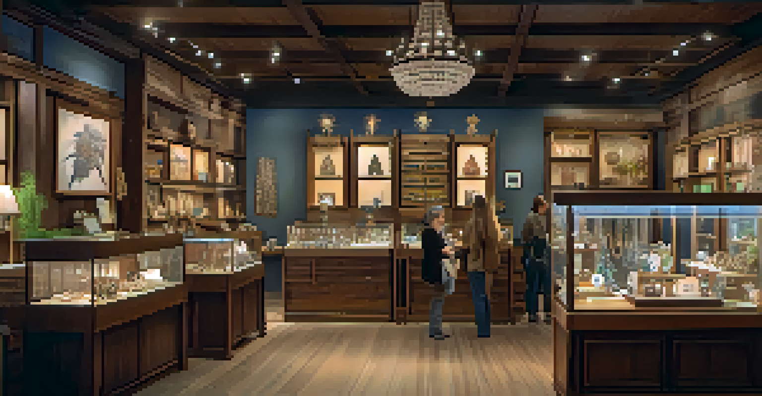 A charming boutique displaying handmade jewelry, with warm lighting and customers browsing unique pieces.