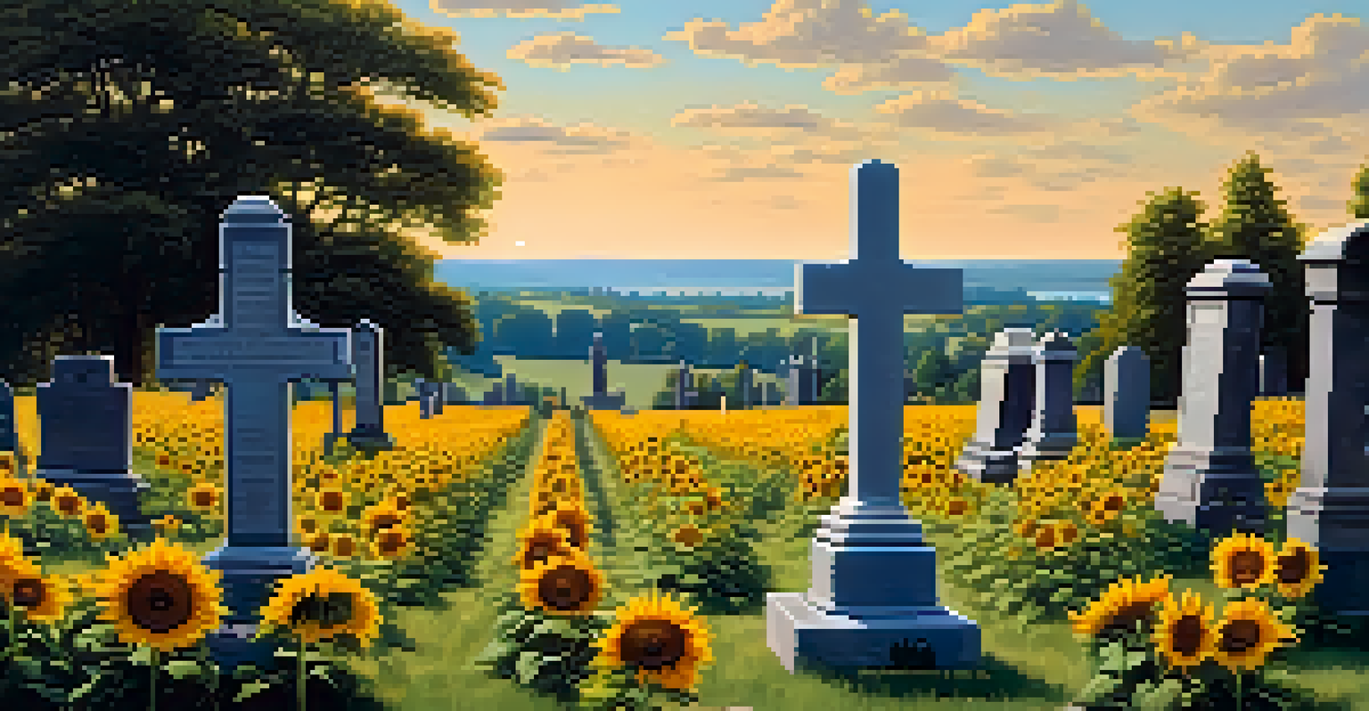A beautiful cemetery scene with various grave markers surrounded by rolling hills, tall trees, and blooming sunflowers, evoking a sense of history.