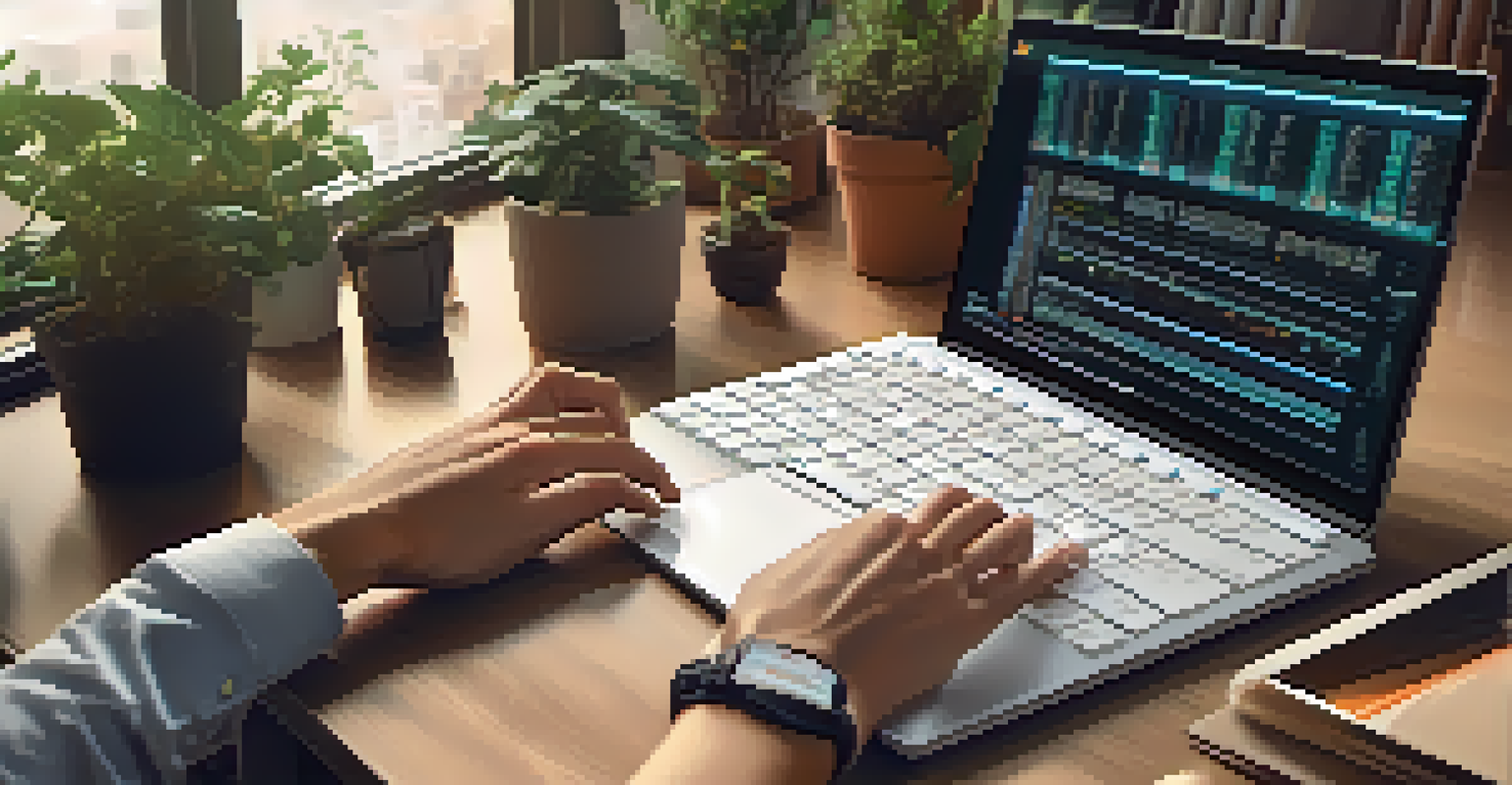 Close-up of hands typing on a keyboard with a digital screen showing code in a modern office setting.