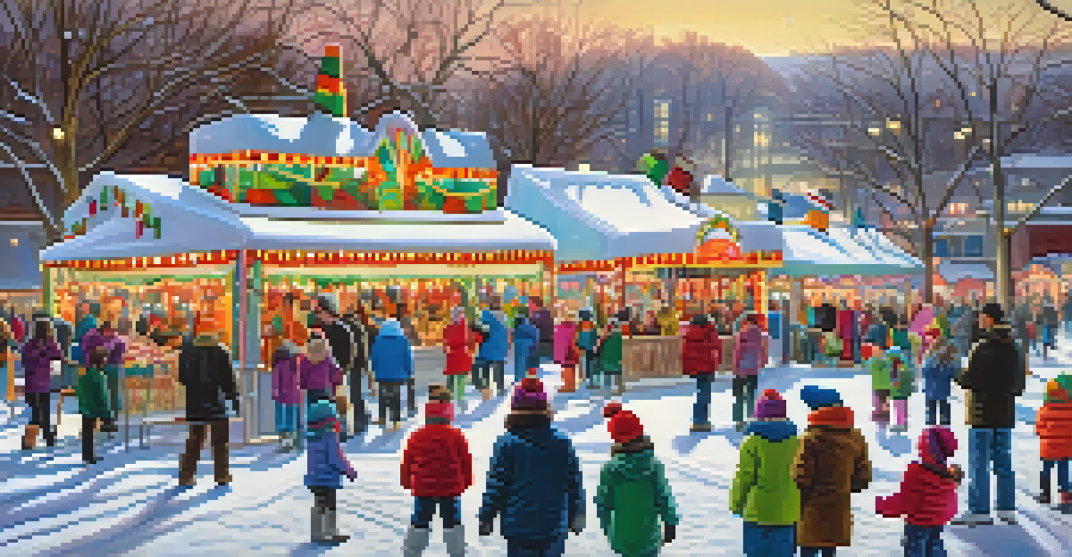 Families and children enjoying a winter festival with ice sculptures and live music in Buffalo.