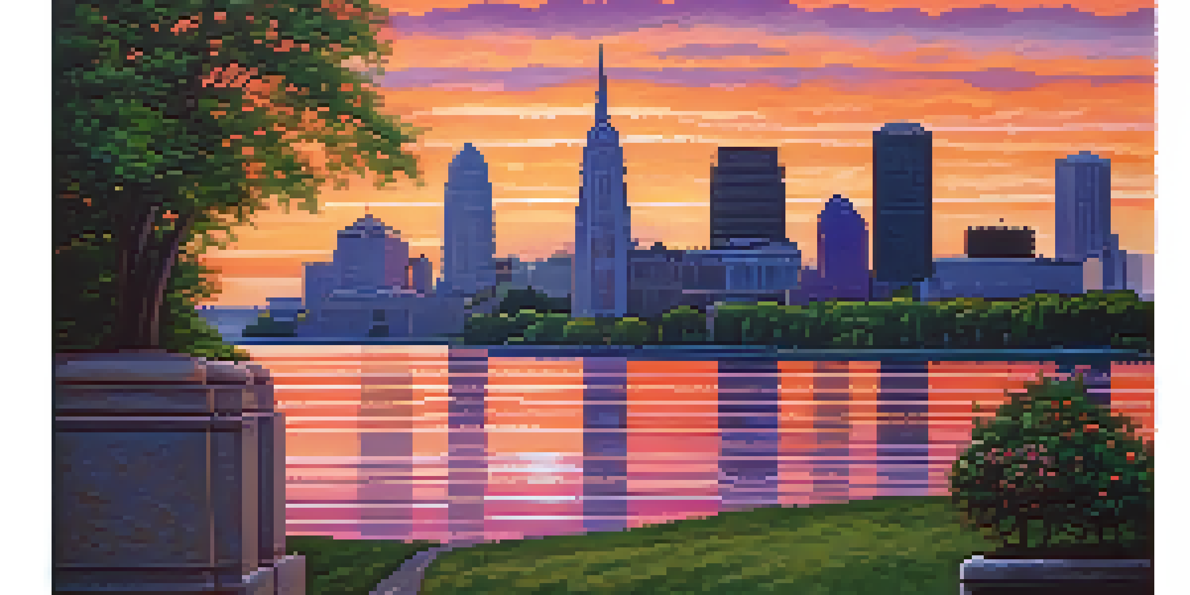 A sunset view of Buffalo's skyline, featuring a blend of historical and modern skyscrapers with colorful reflections in the water.