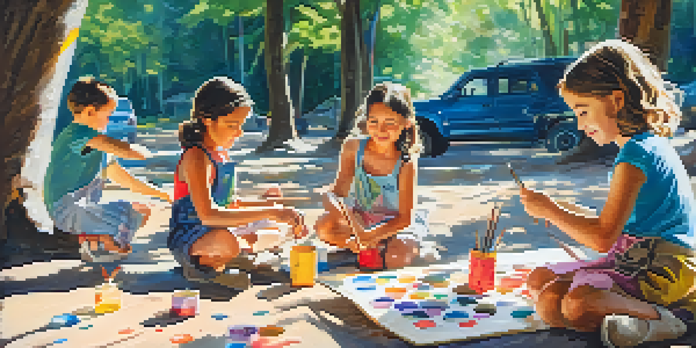 Children at an arts camp painting, with various art supplies and projects in a sunny outdoor setting.