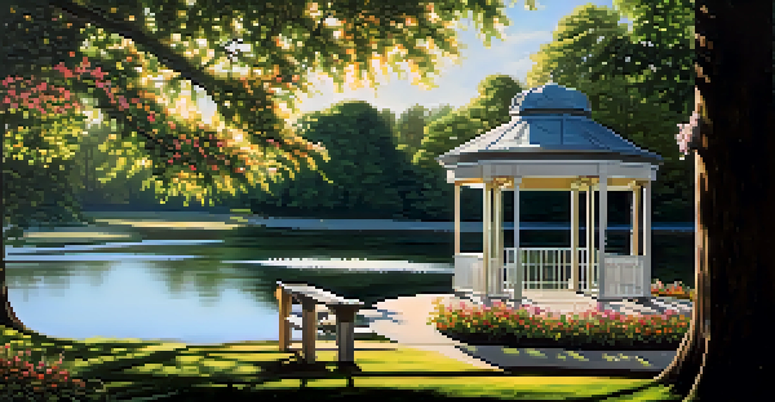 A historic gazebo in Delaware Park surrounded by flowers and a lake with a swan.