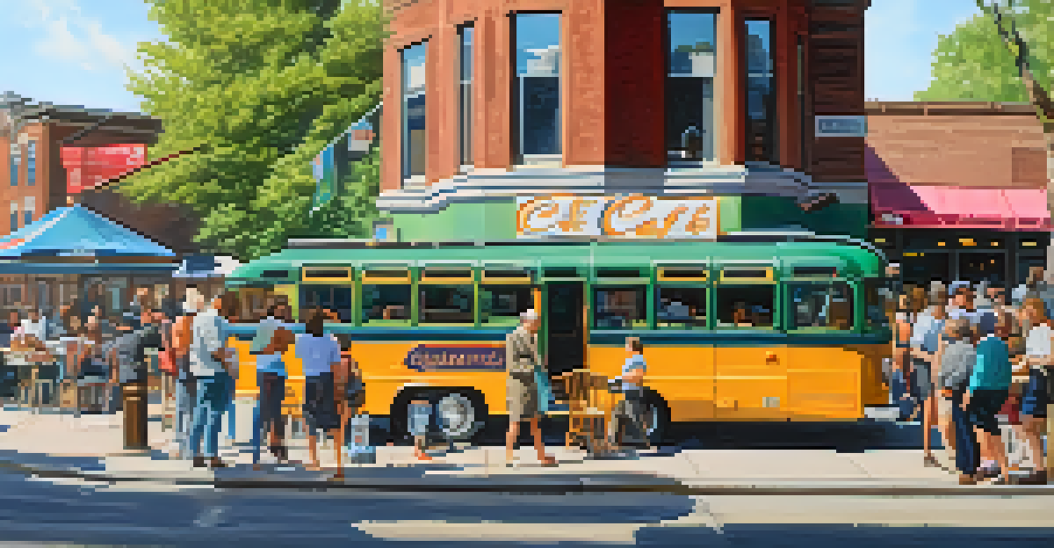 A lively café near a Buffalo bus stop with patrons outside and a vintage bus parked nearby.