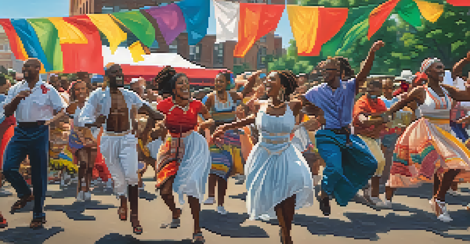 Performers in traditional attire celebrating at the Juneteenth Festival, with a diverse crowd enjoying the festivities.