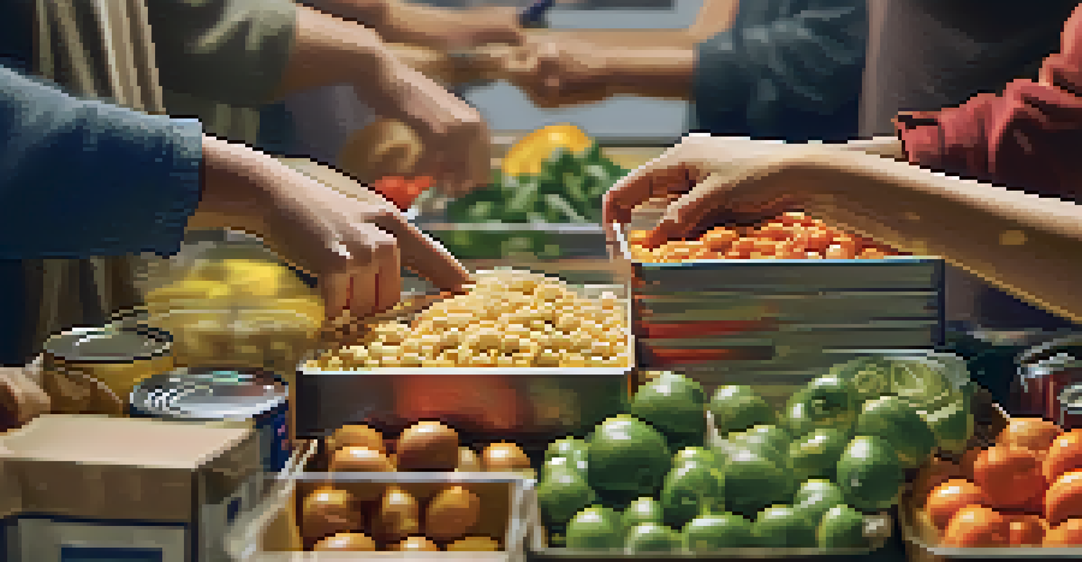 Close-up of hands sorting food at a food bank, showcasing the act of giving and community support.