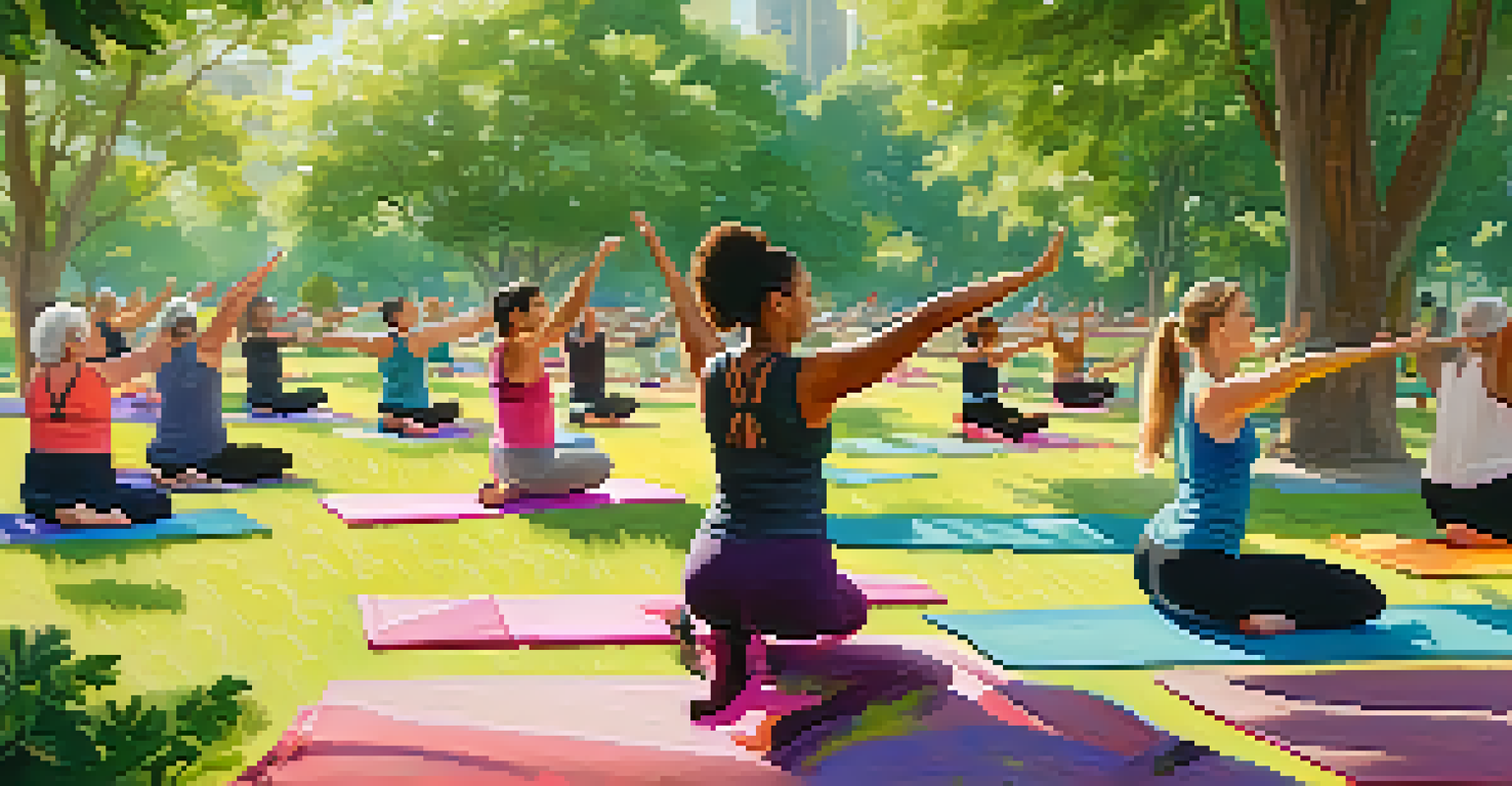 A diverse group of people participating in an outdoor yoga class in a park, surrounded by greenery and colorful flowers.