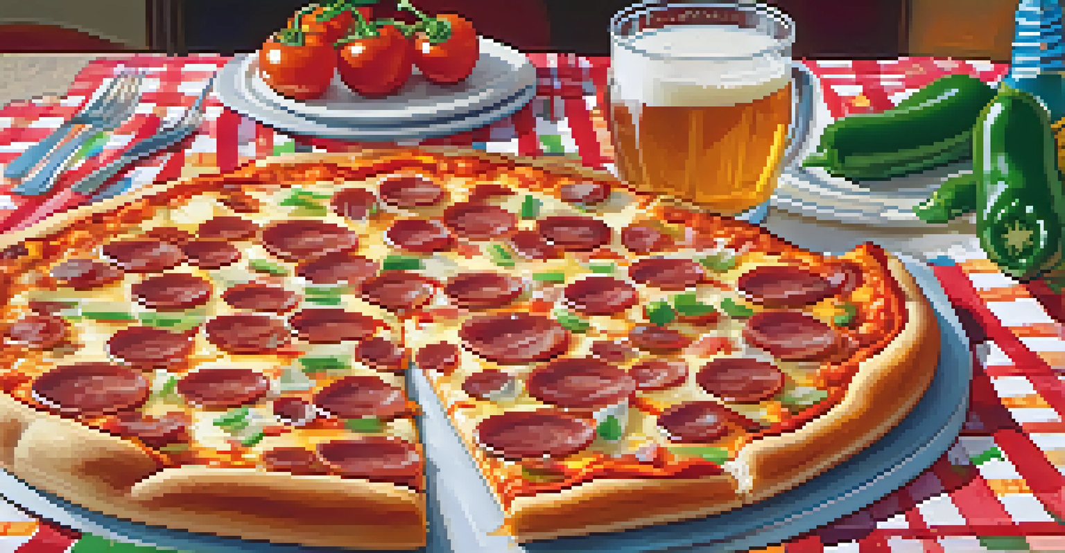 A vibrant Buffalo-style pizza with a thick crust and toppings, alongside a glass of craft beer on a table.