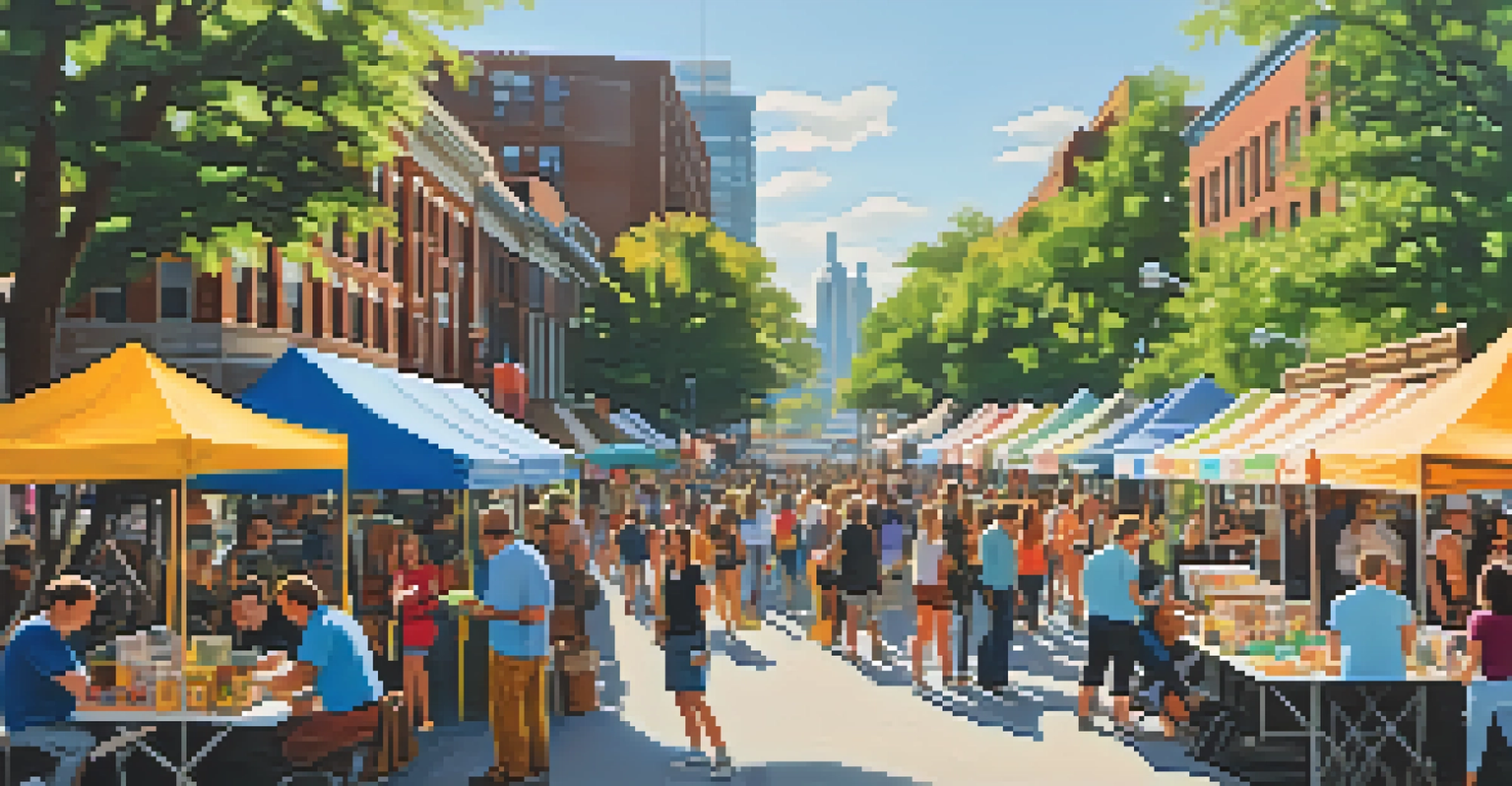 A lively art festival in Buffalo with local artists showcasing their work, colorful displays, and attendees enjoying the atmosphere.