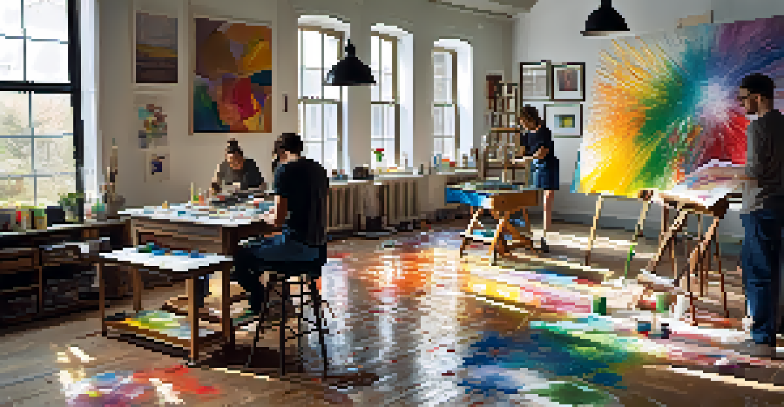 A cozy artist studio with a group of artists working together on a collaborative canvas with natural light streaming in.