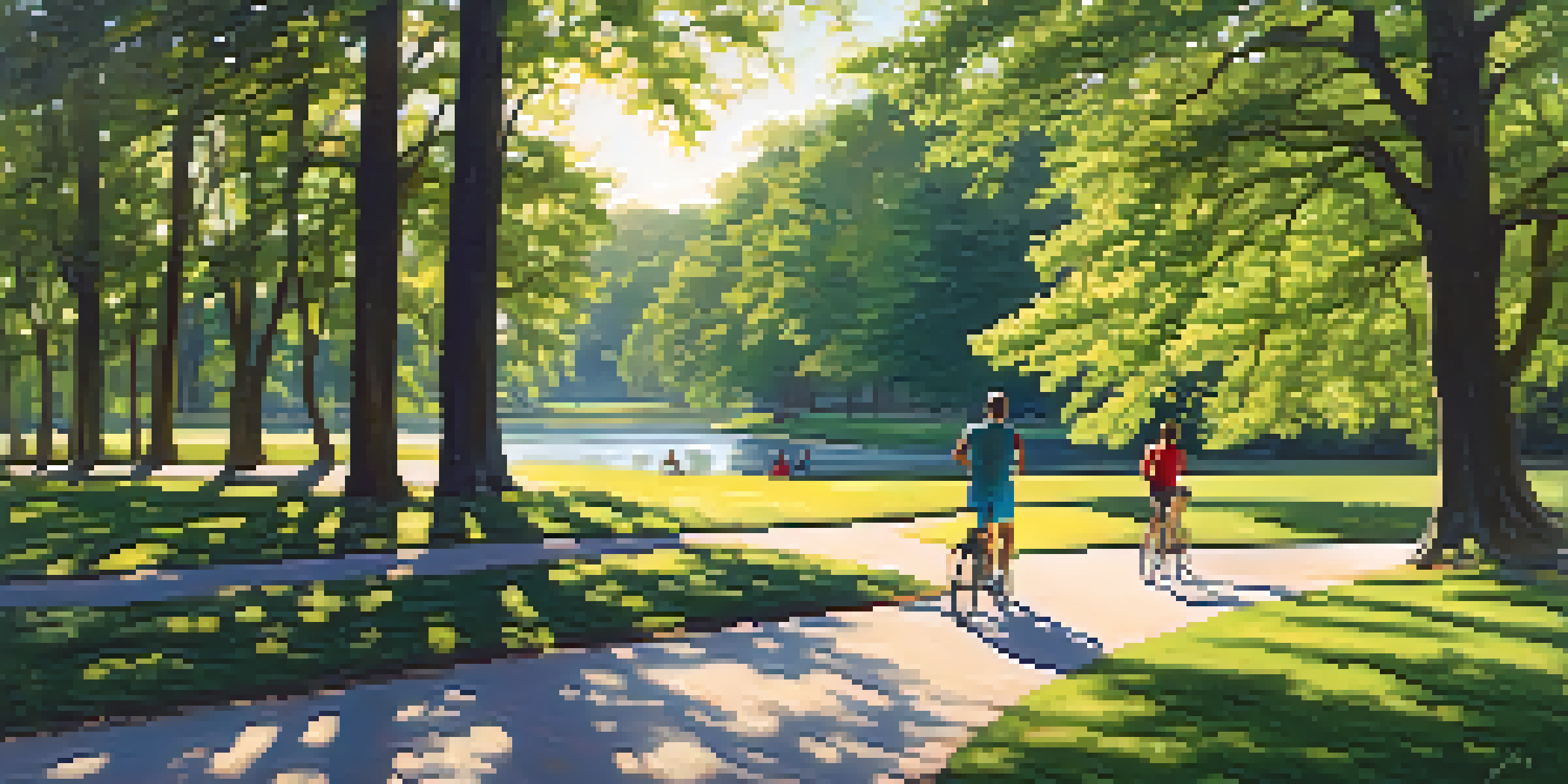 A lush green landscape in Delaware Park with a lake and people jogging along a path under dappled sunlight.