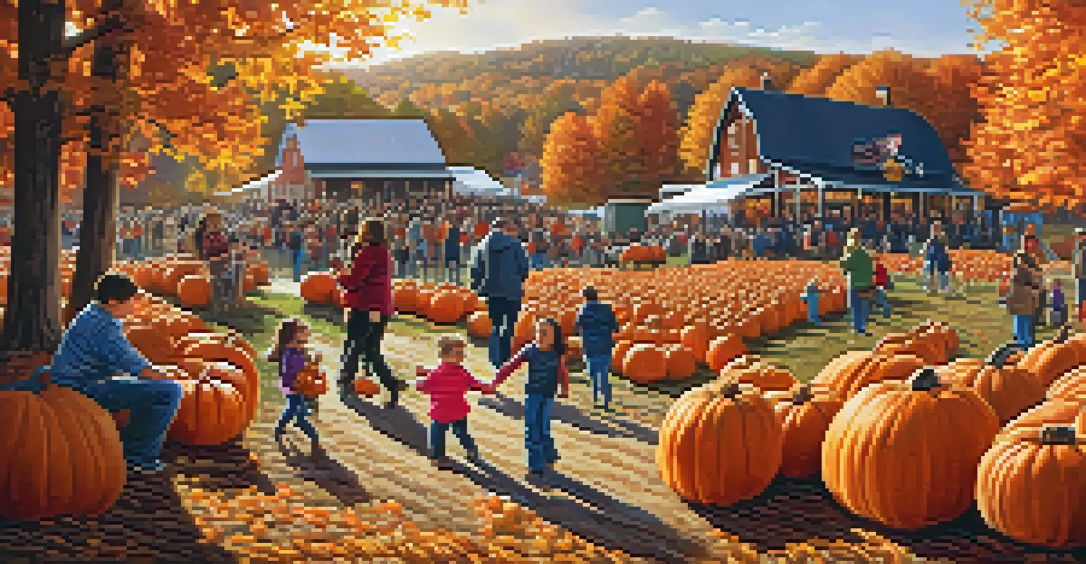 Families enjoying the Great Pumpkin Farm Festival, picking pumpkins with colorful fall leaves around them and children participating in fun activities.