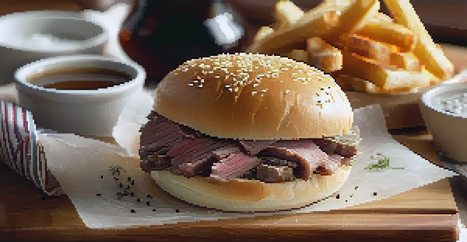 An overhead view of a beef on weck sandwich with au jus and fries on a wooden cutting board.