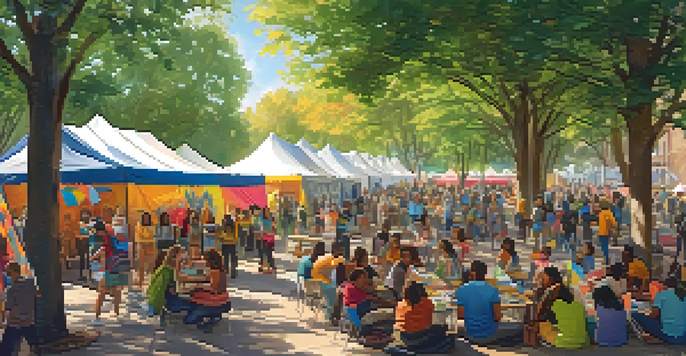 A lively university community event with students participating in art workshops, health screenings, and cultural performances under the sun.