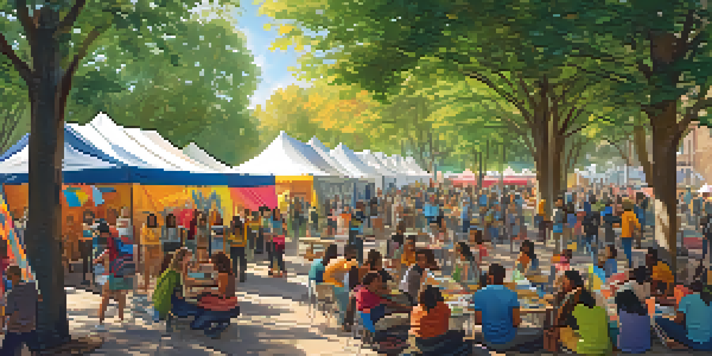 A lively university community event with students participating in art workshops, health screenings, and cultural performances under the sun.