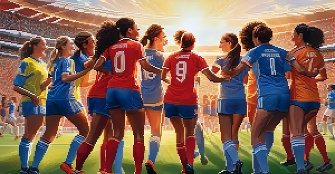 A group of female soccer players celebrating a victory in a stadium, surrounded by a cheering crowd.