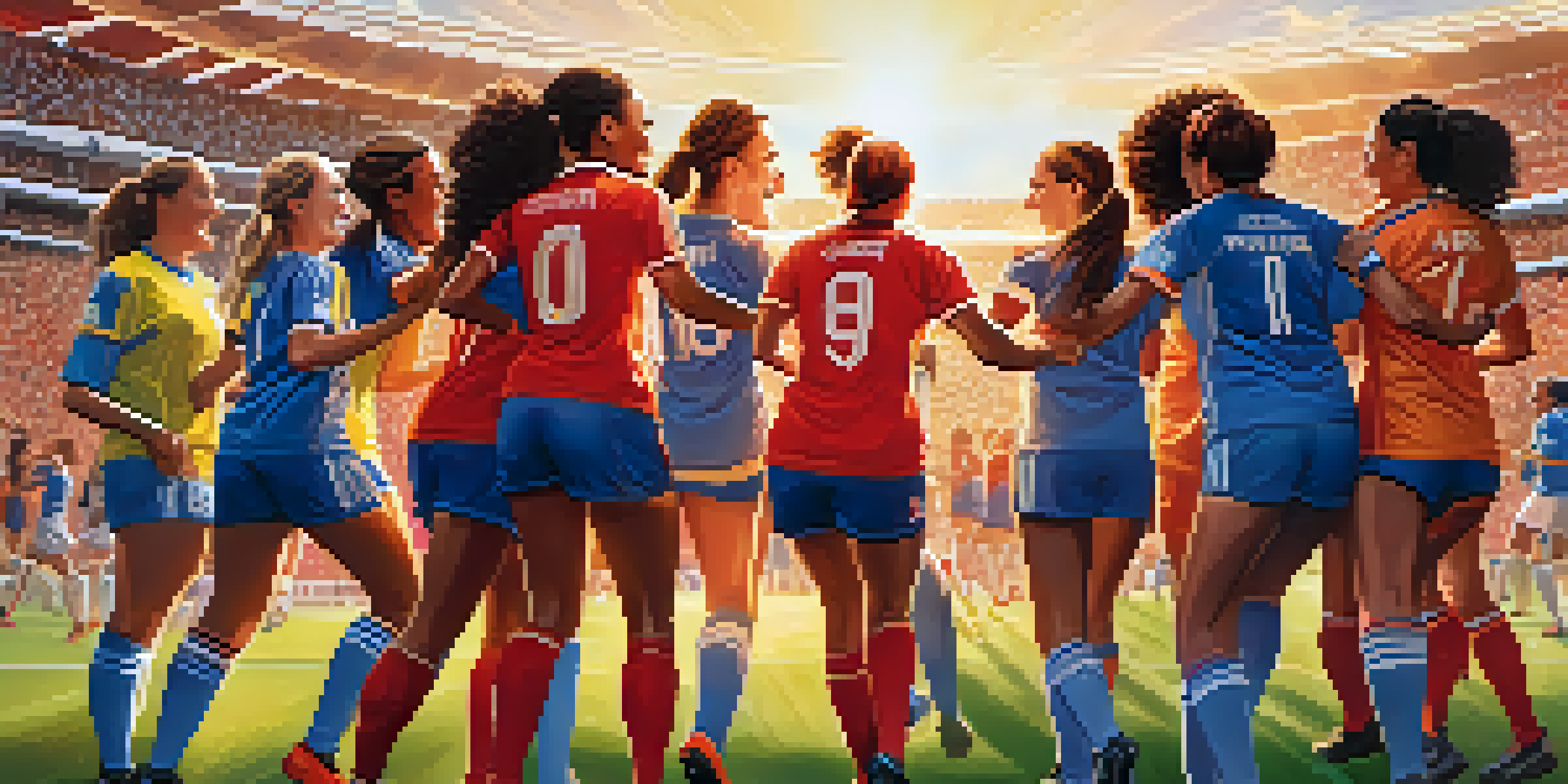 A group of female soccer players celebrating a victory in a stadium, surrounded by a cheering crowd.