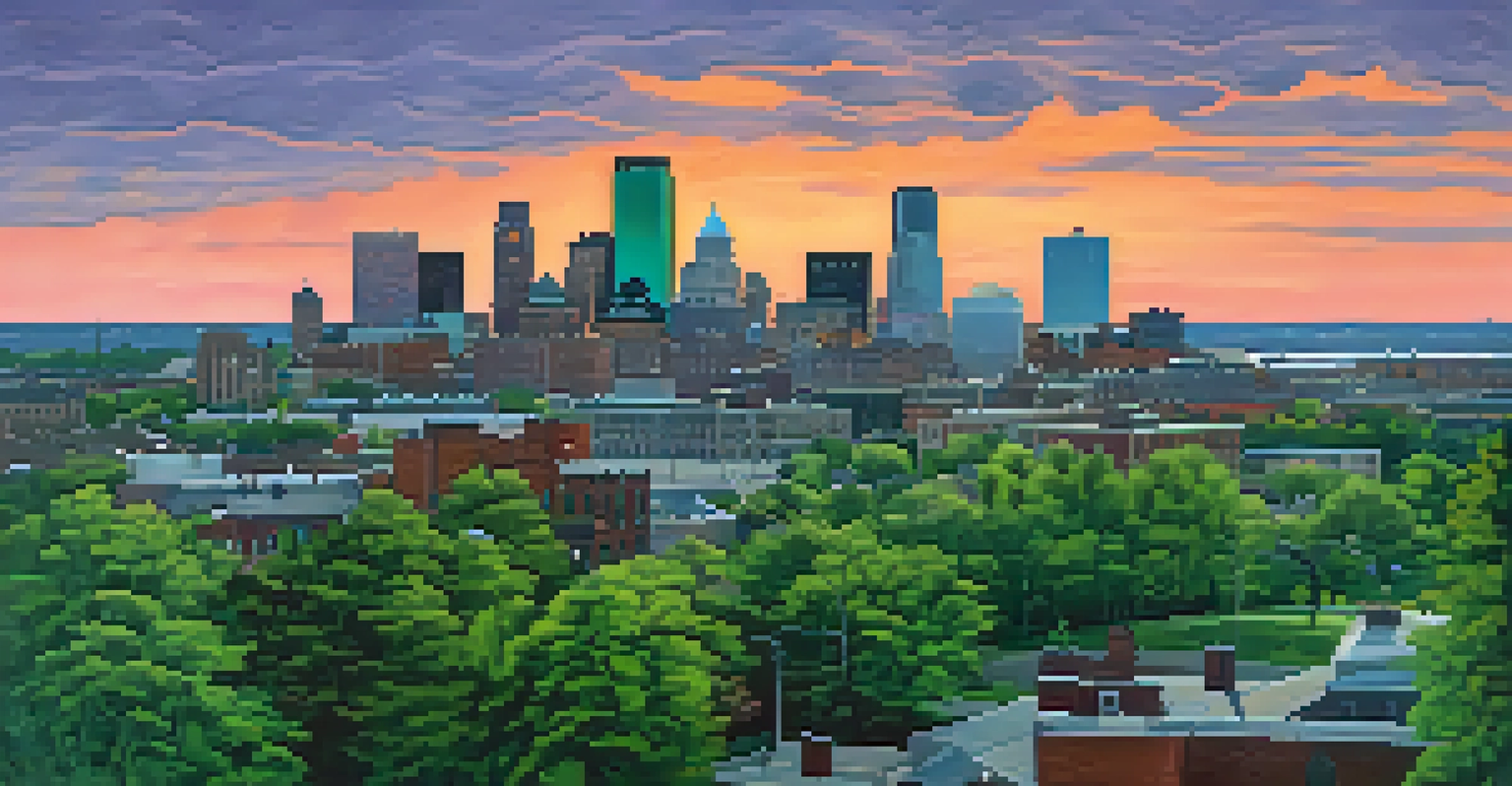 Buffalo skyline at sunset with vibrant colors and greenery in the foreground symbolizing sustainability.