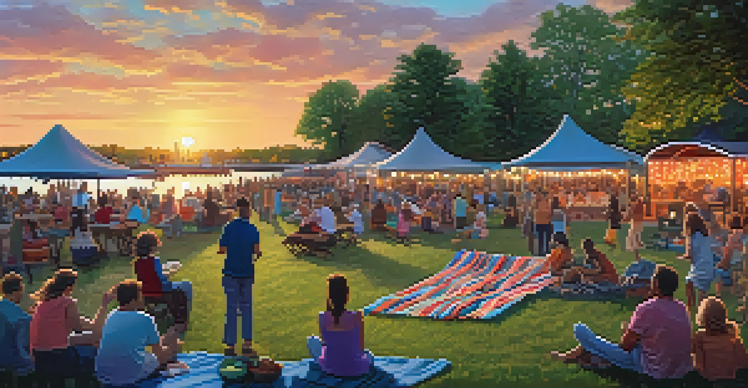 Families enjoying an outdoor concert at Buffalo's Canalside during summer, with a sunset in the background.