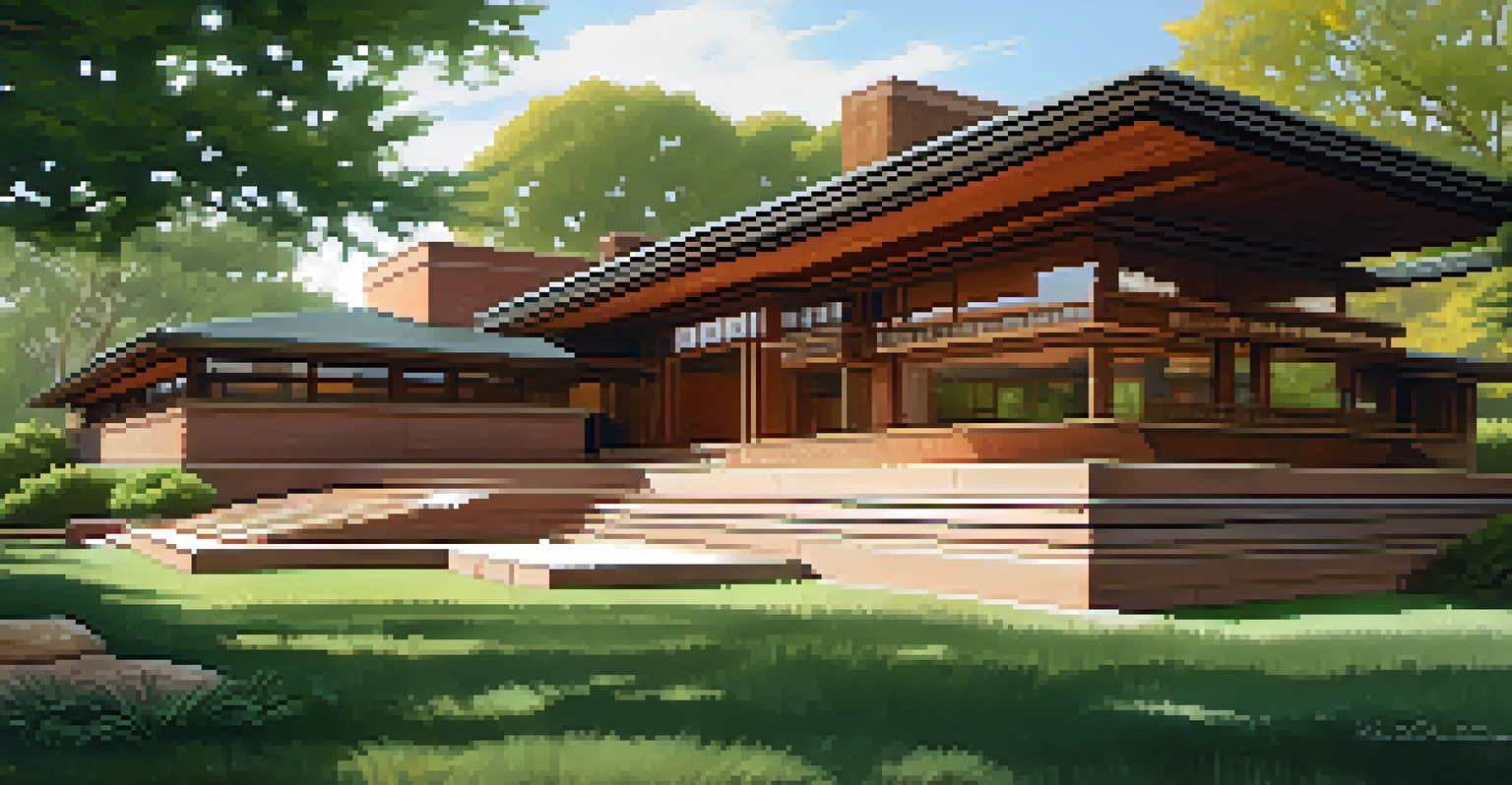 The Darwin D. Martin House surrounded by nature, highlighting its organic architecture and calm atmosphere.