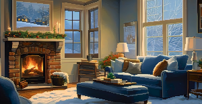 A warm and inviting living room with a fireplace and snow falling outside.