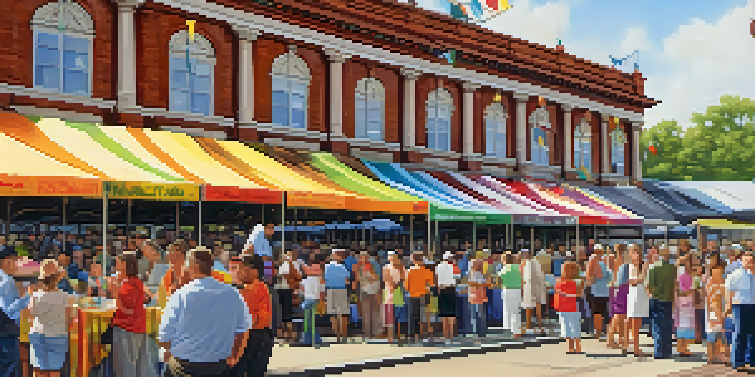 A community event at a restored railway station in Buffalo, featuring families, food stalls, and local artists performing against a backdrop of restored architecture.