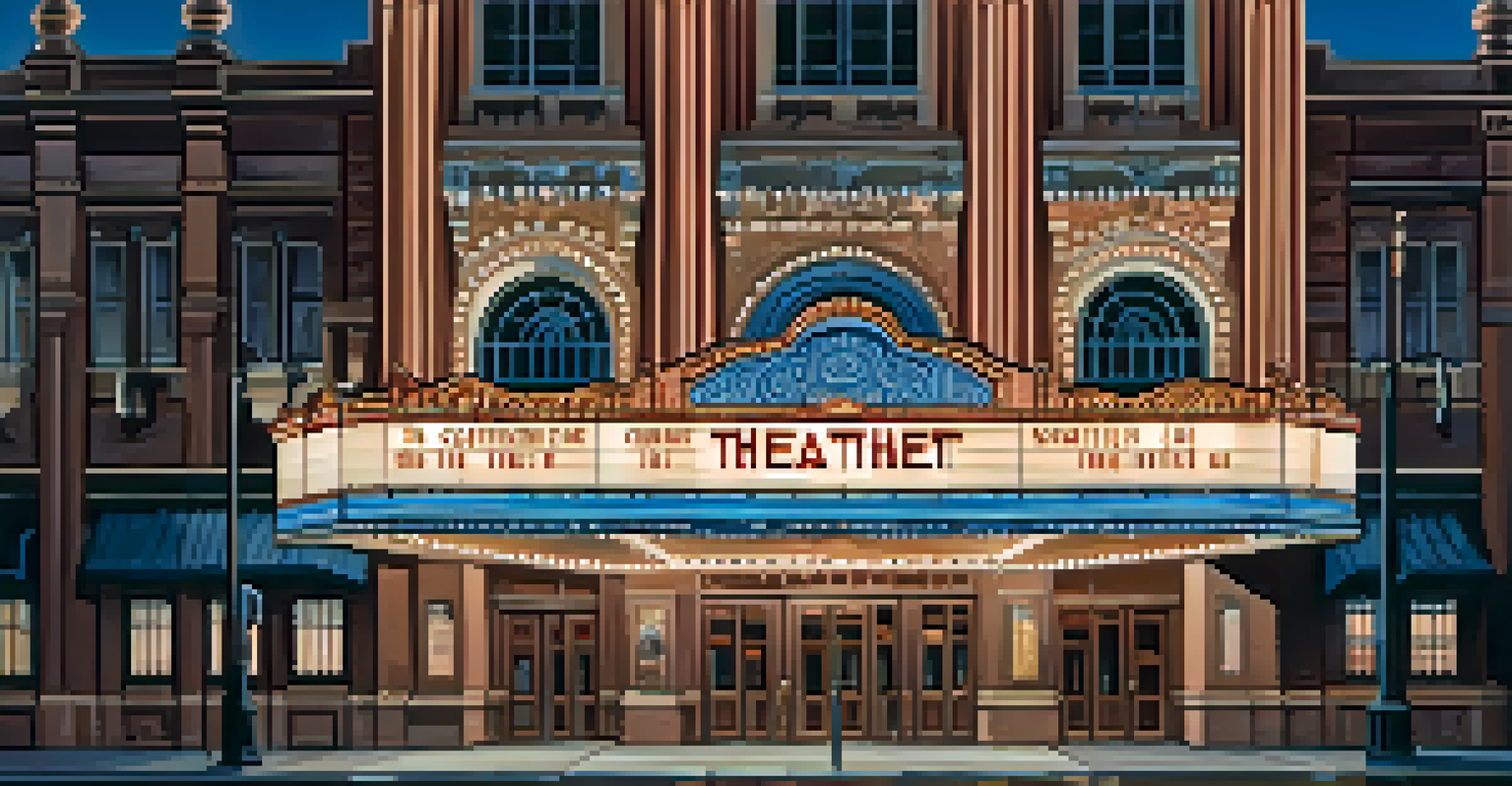 Exterior of the Landmark Theater at dusk, showcasing its Gothic and Art Deco architectural details illuminated by street lights.