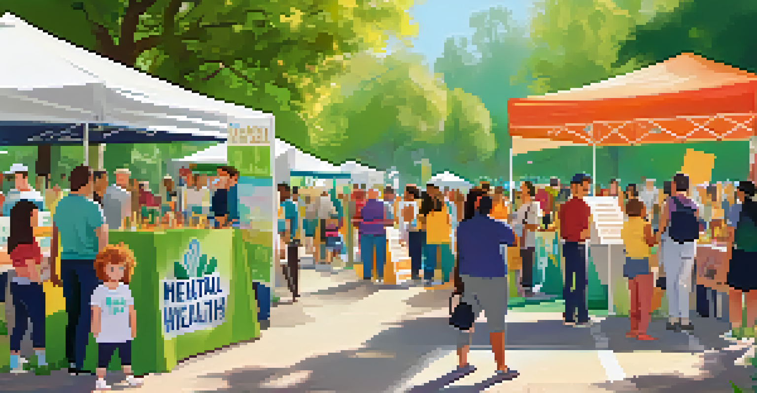 An outdoor event in a park with booths promoting mental health awareness, featuring diverse attendees interacting under a bright and sunny sky.