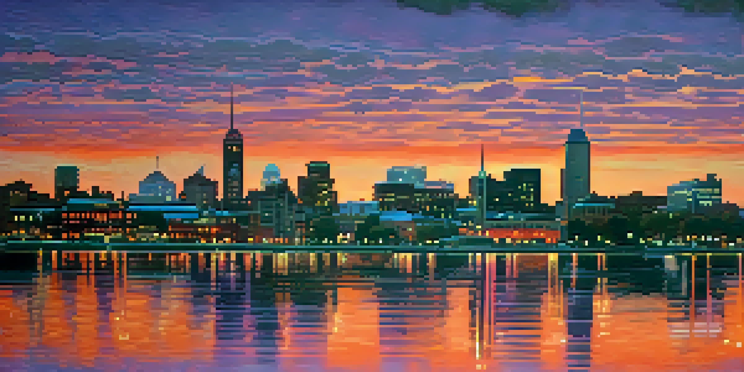 A beautiful sunset over Buffalo's skyline with a mix of historic and modern buildings, reflecting colors on Lake Erie.