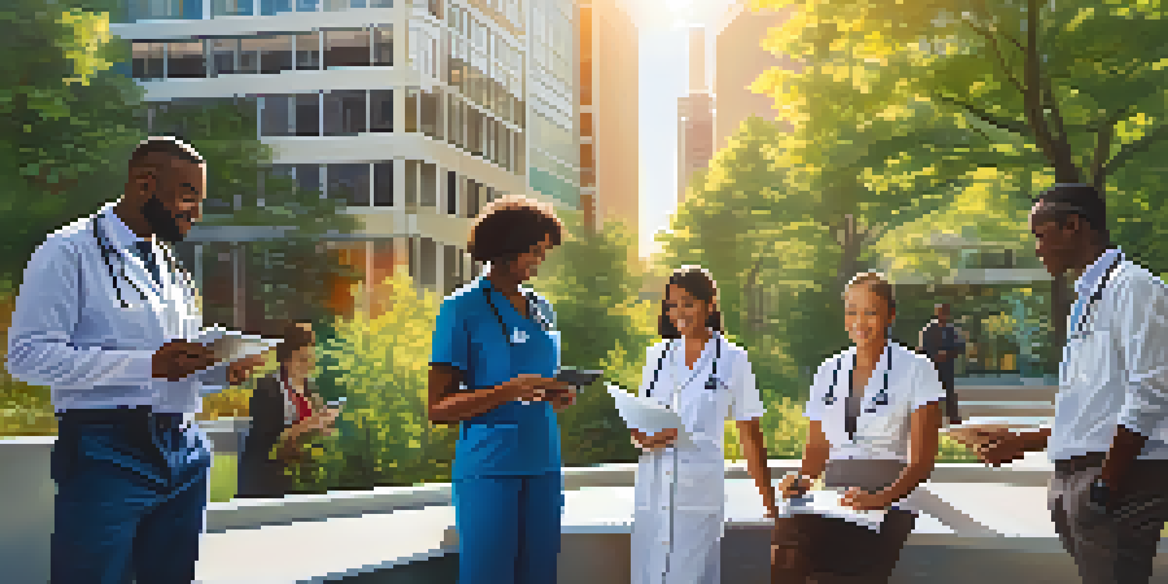 A diverse group of healthcare workers discussing in a sunny urban park, with charts and digital devices.