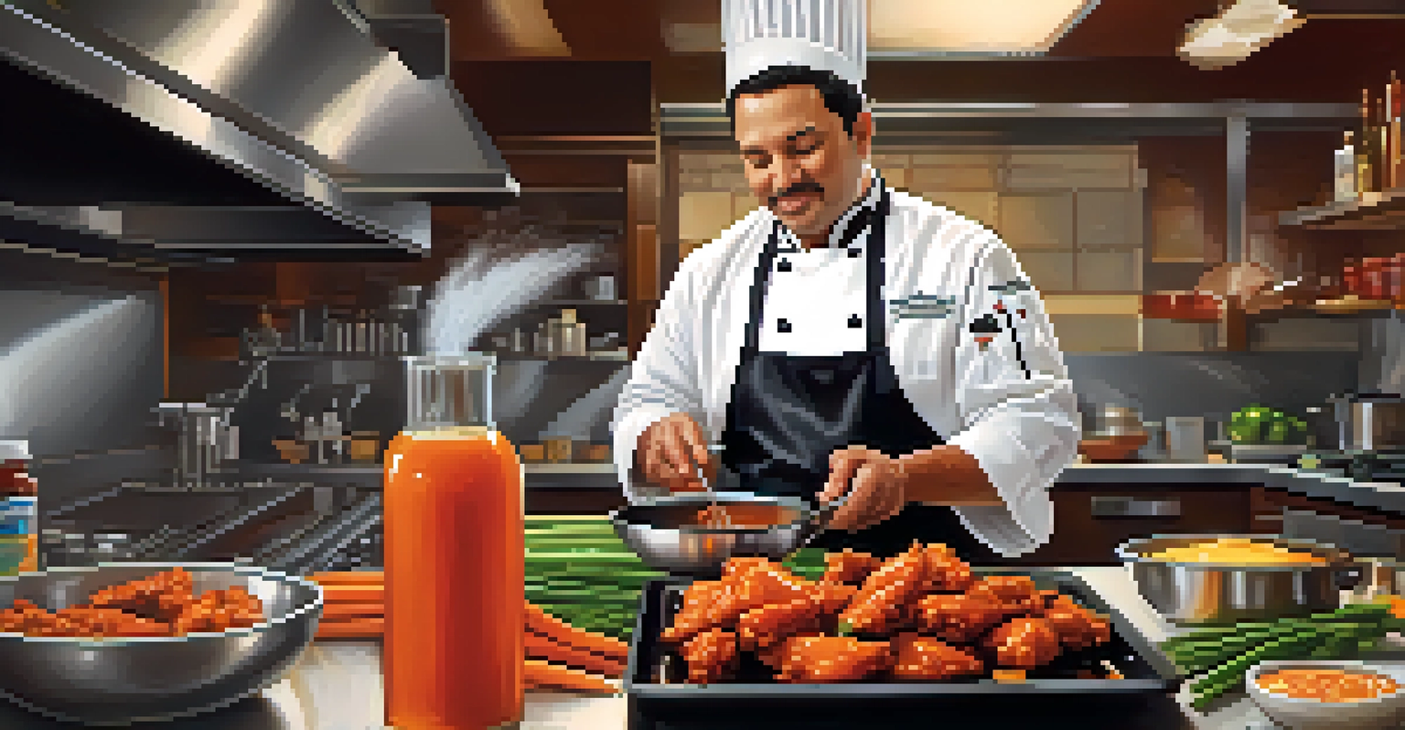 A chef cooking Buffalo wings in a modern kitchen, with fresh ingredients visible in the background.