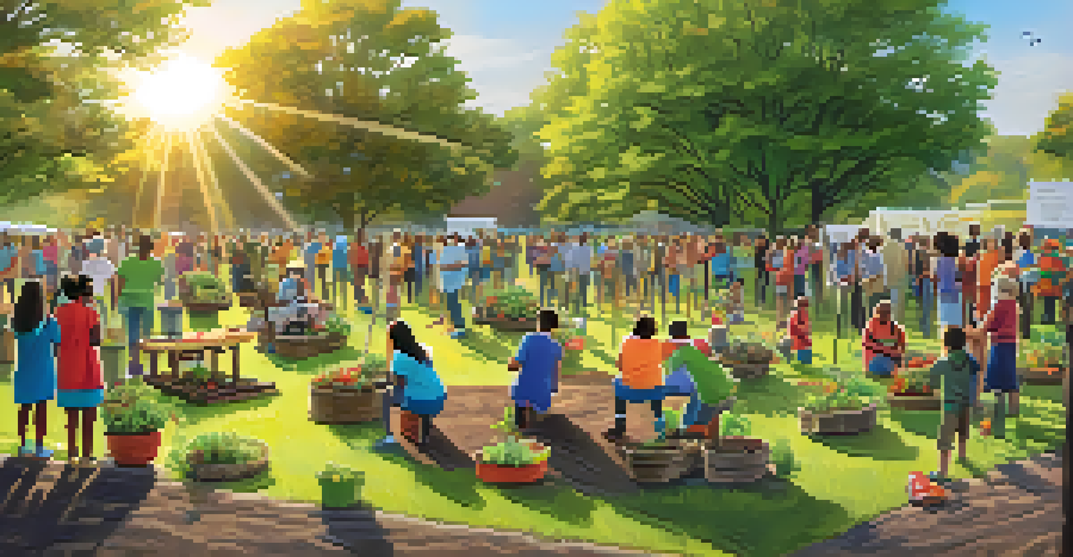 Community members planting trees in a park, promoting wildlife conservation with a sunset backdrop.